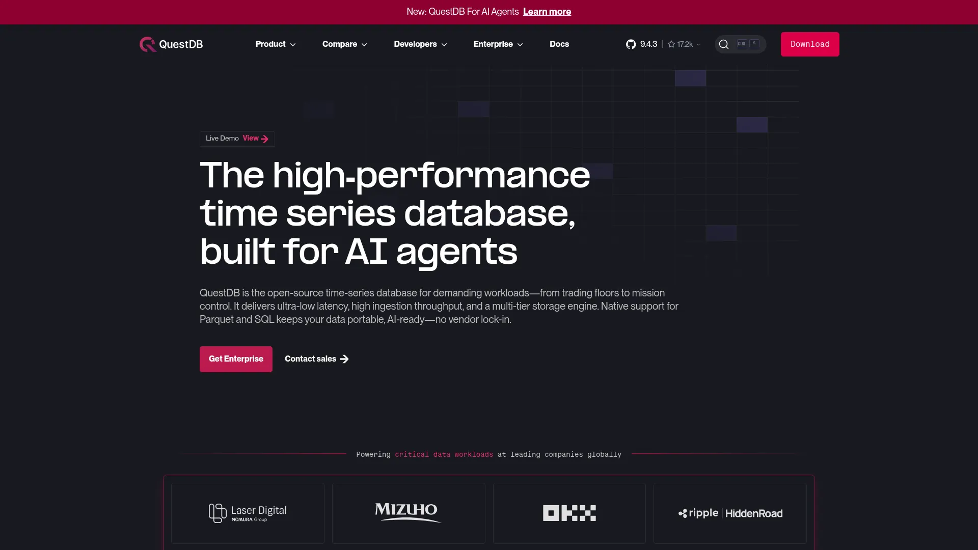 QuestDB time series database homepage