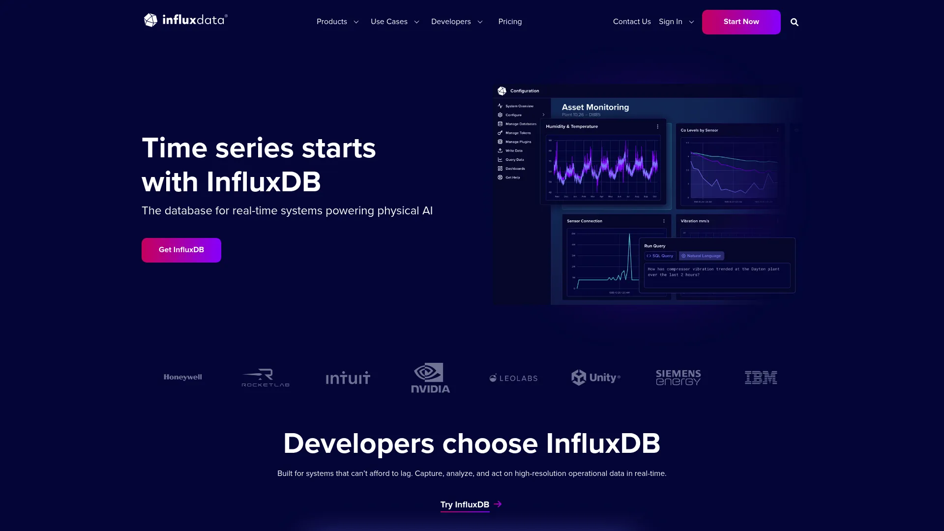 InfluxDB time series database homepage