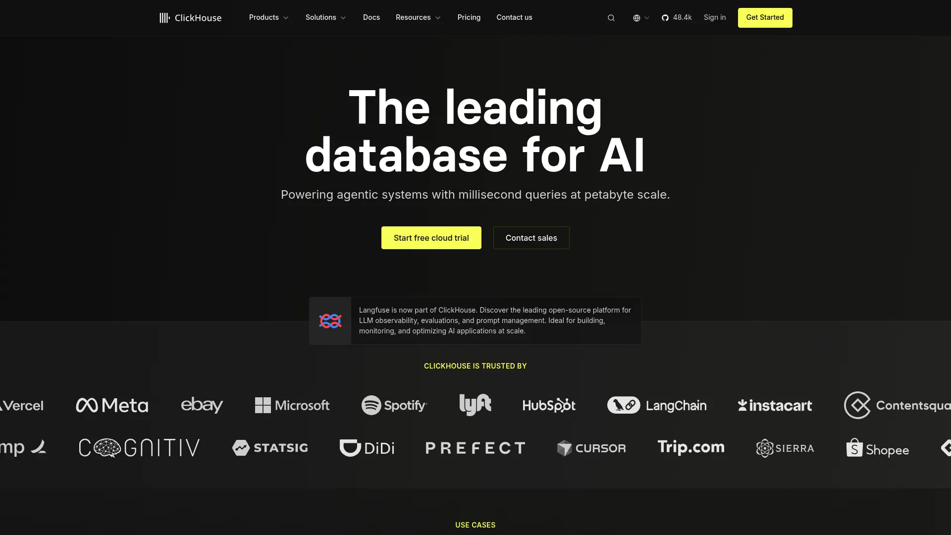 ClickHouse analytical database homepage