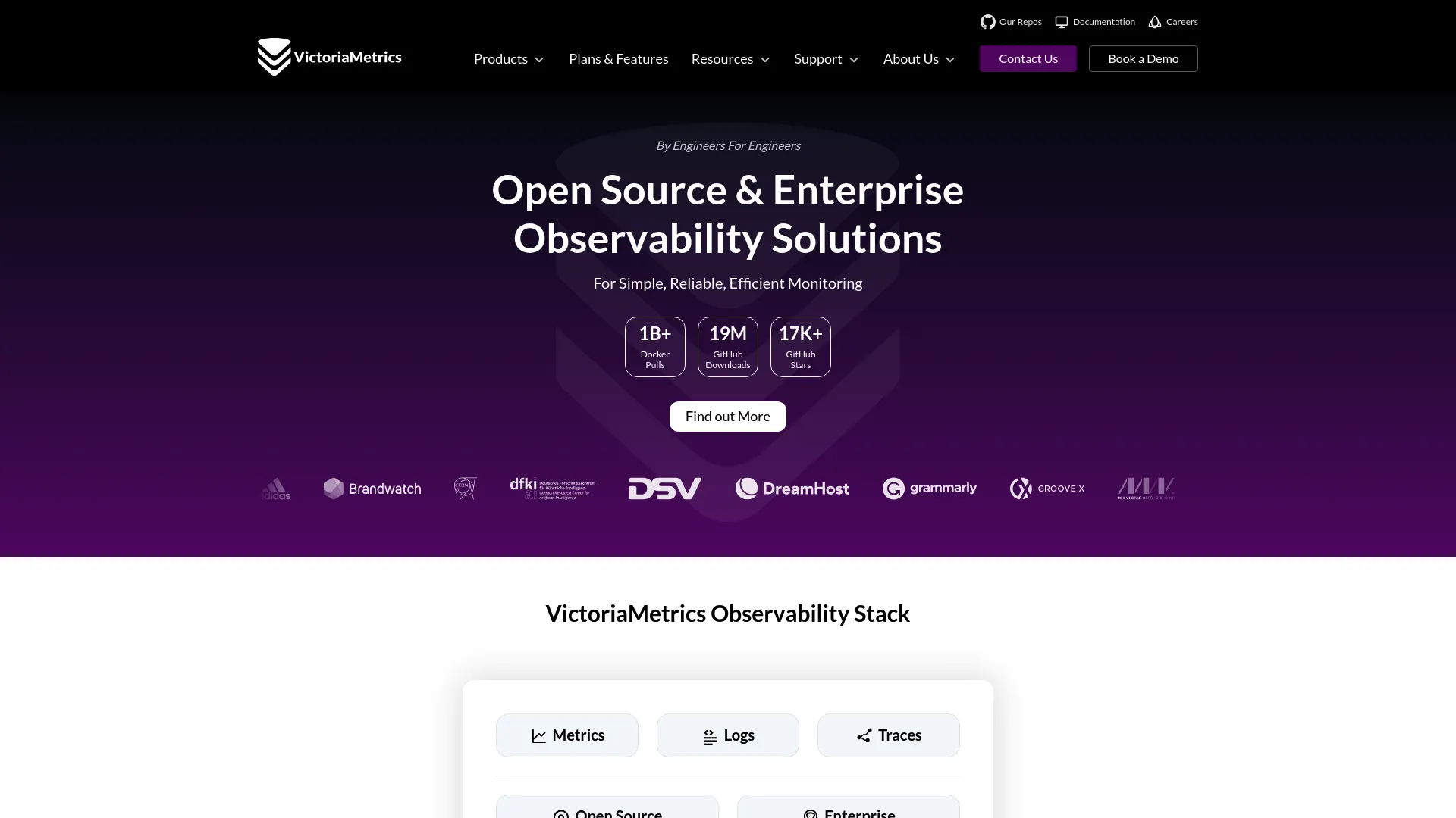 VictoriaMetrics observability platform homepage