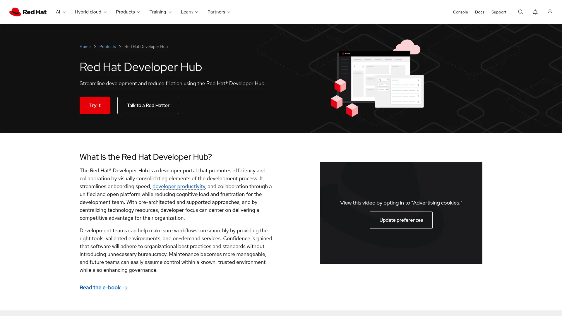 Red Hat Developer Hub internal developer platform page