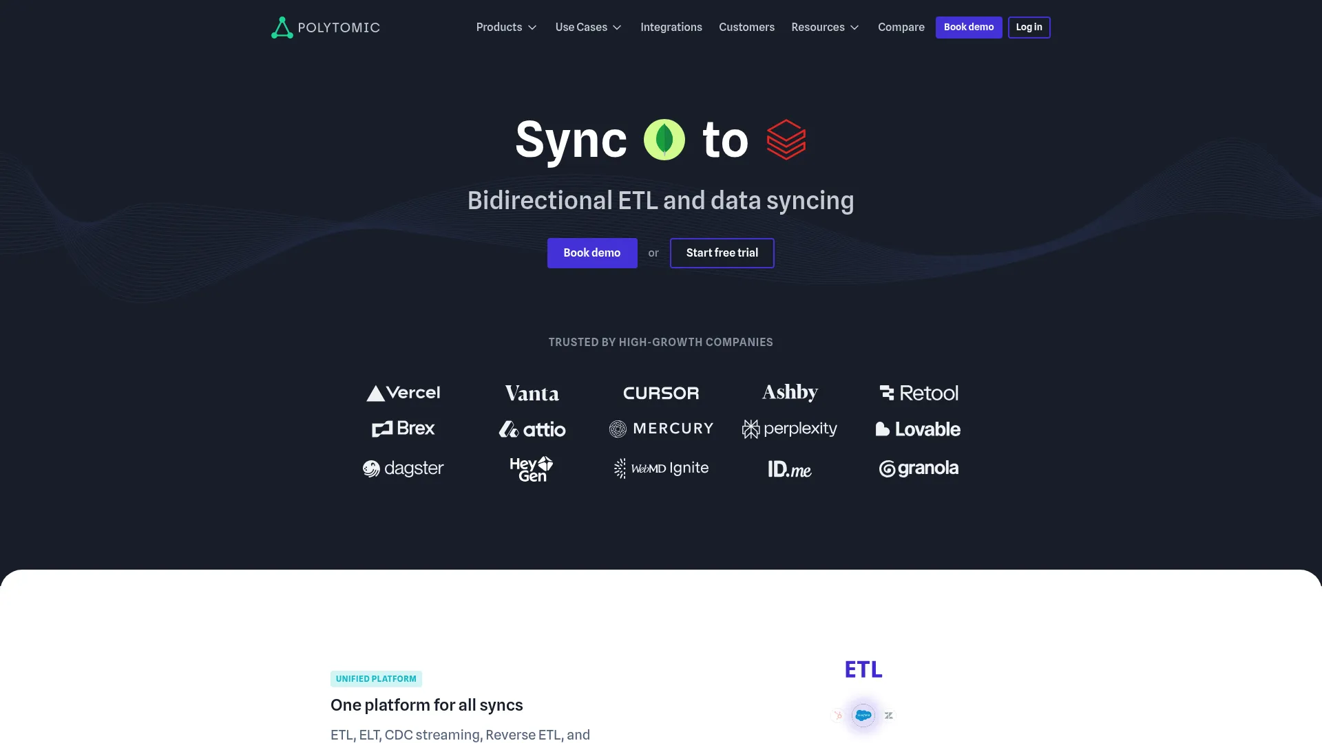 Polytomic bidirectional data sync platform homepage