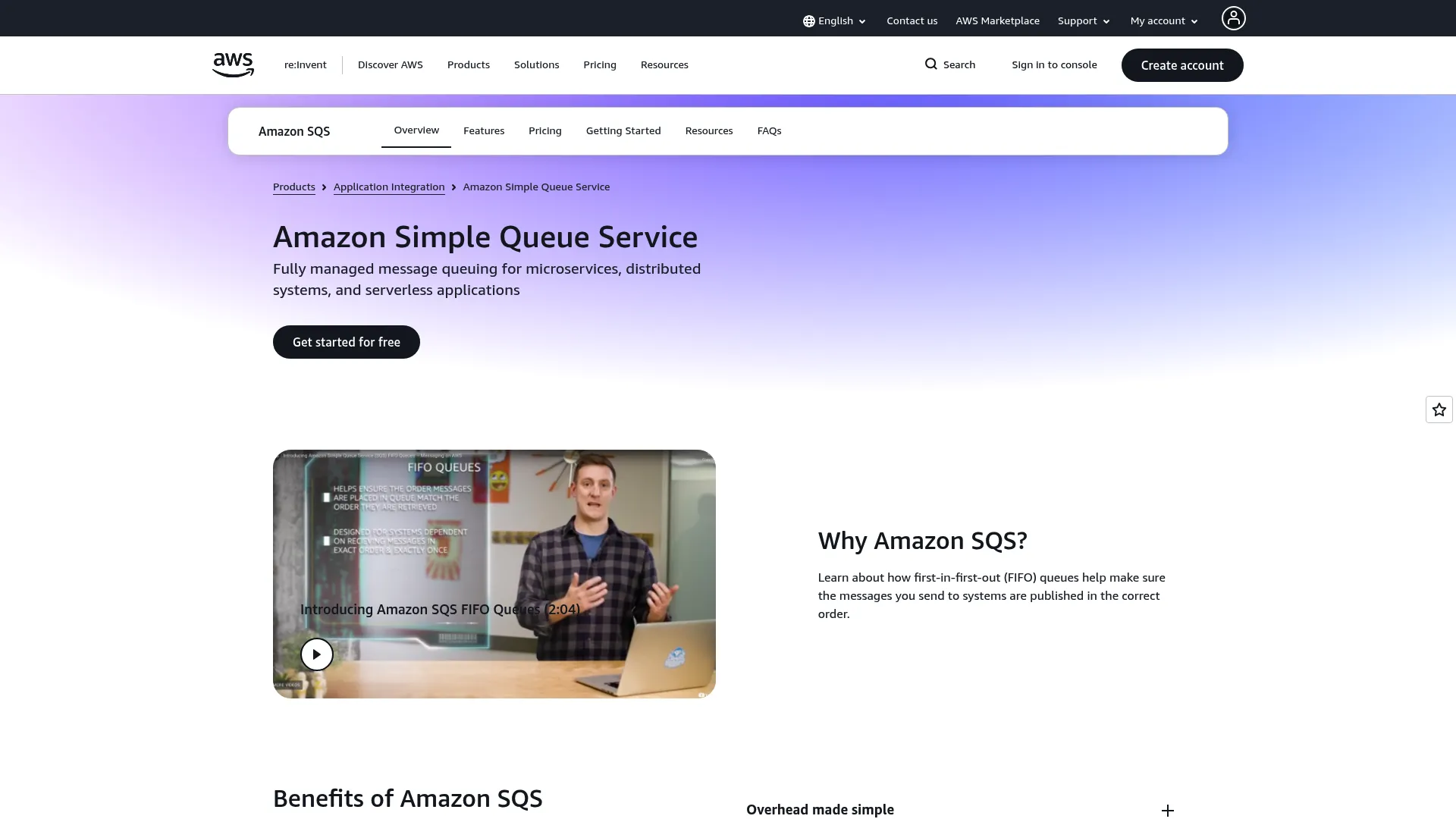 Amazon SQS managed queue service page