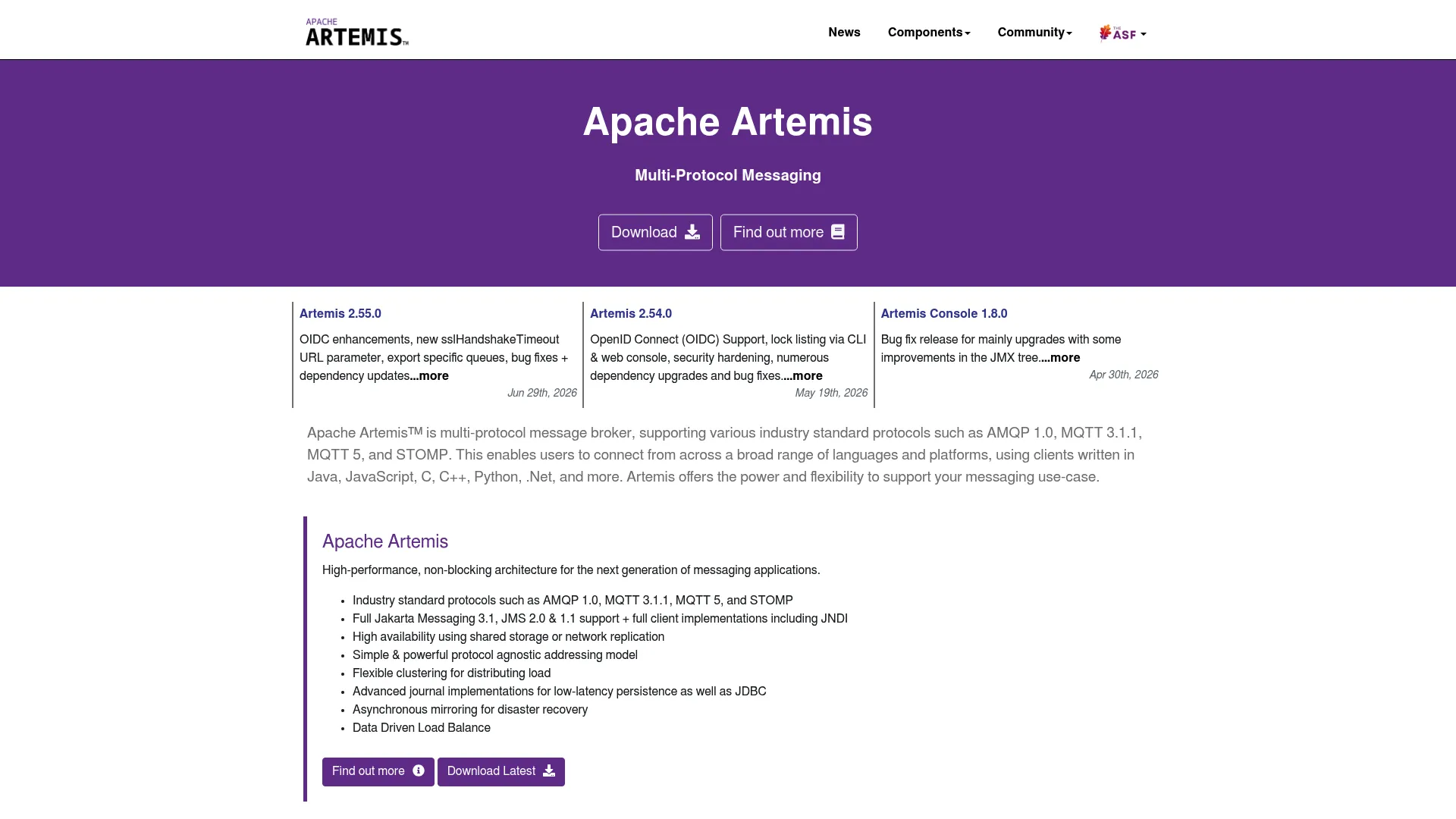 Apache ActiveMQ Artemis broker homepage