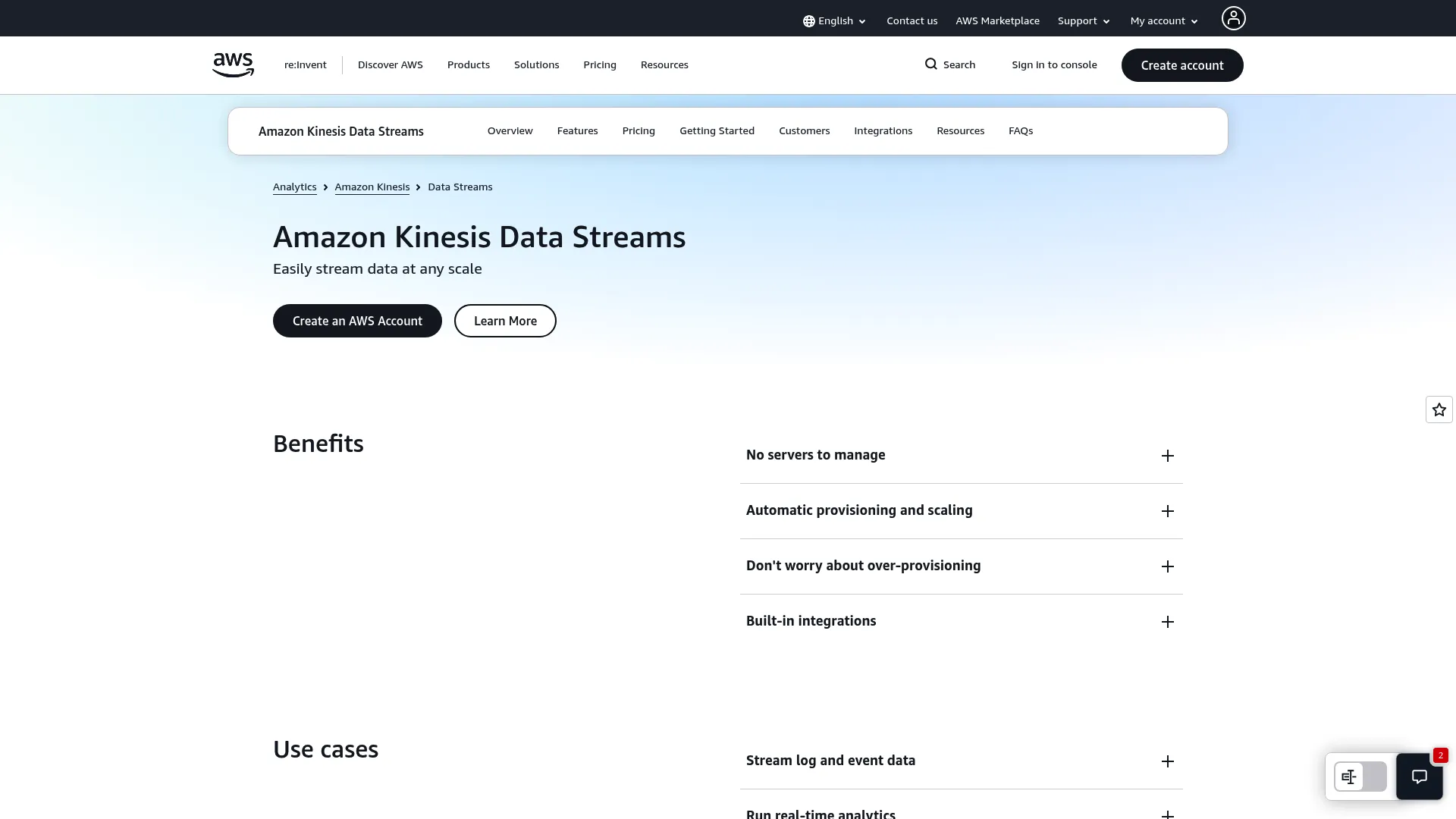 Amazon Kinesis Data Streams page showing the AWS real-time streaming service