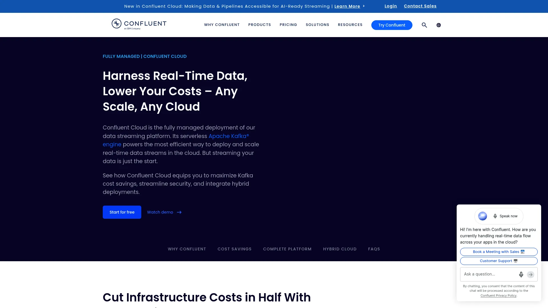 Confluent Cloud homepage showing its fully managed Apache Kafka service