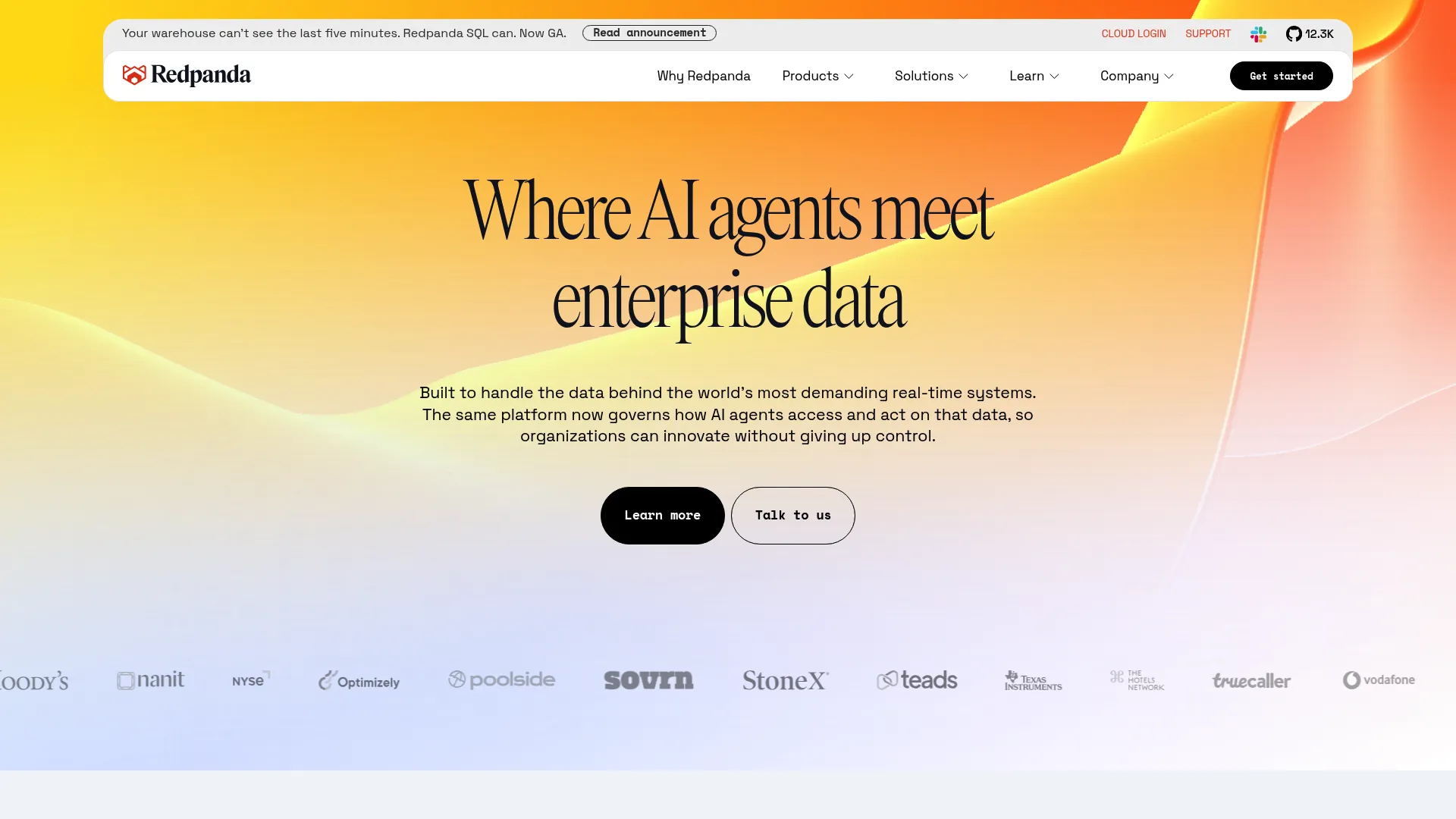 Redpanda homepage showing the Kafka-compatible streaming platform