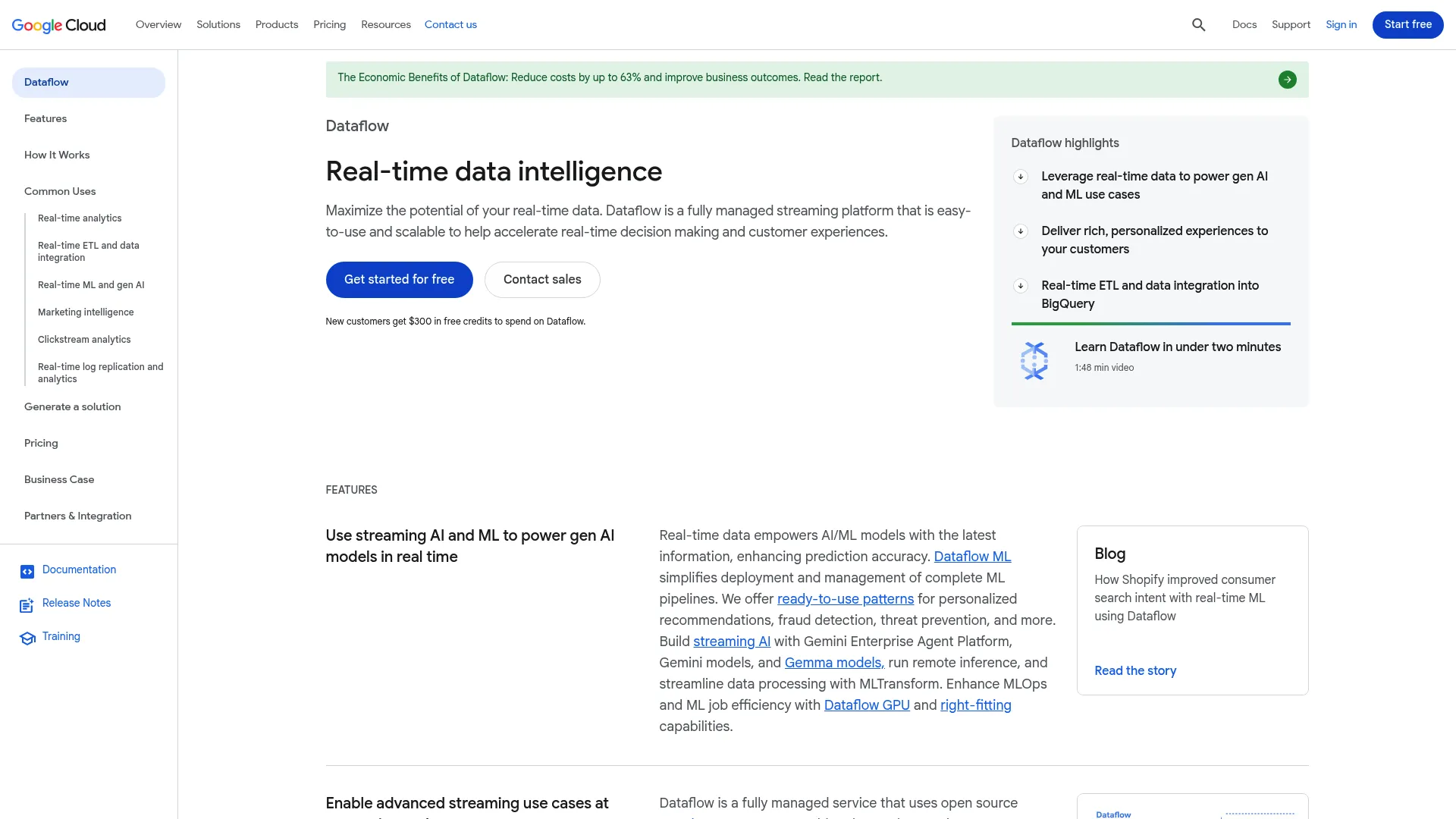 Google Cloud Dataflow page showing the managed stream and batch processing service