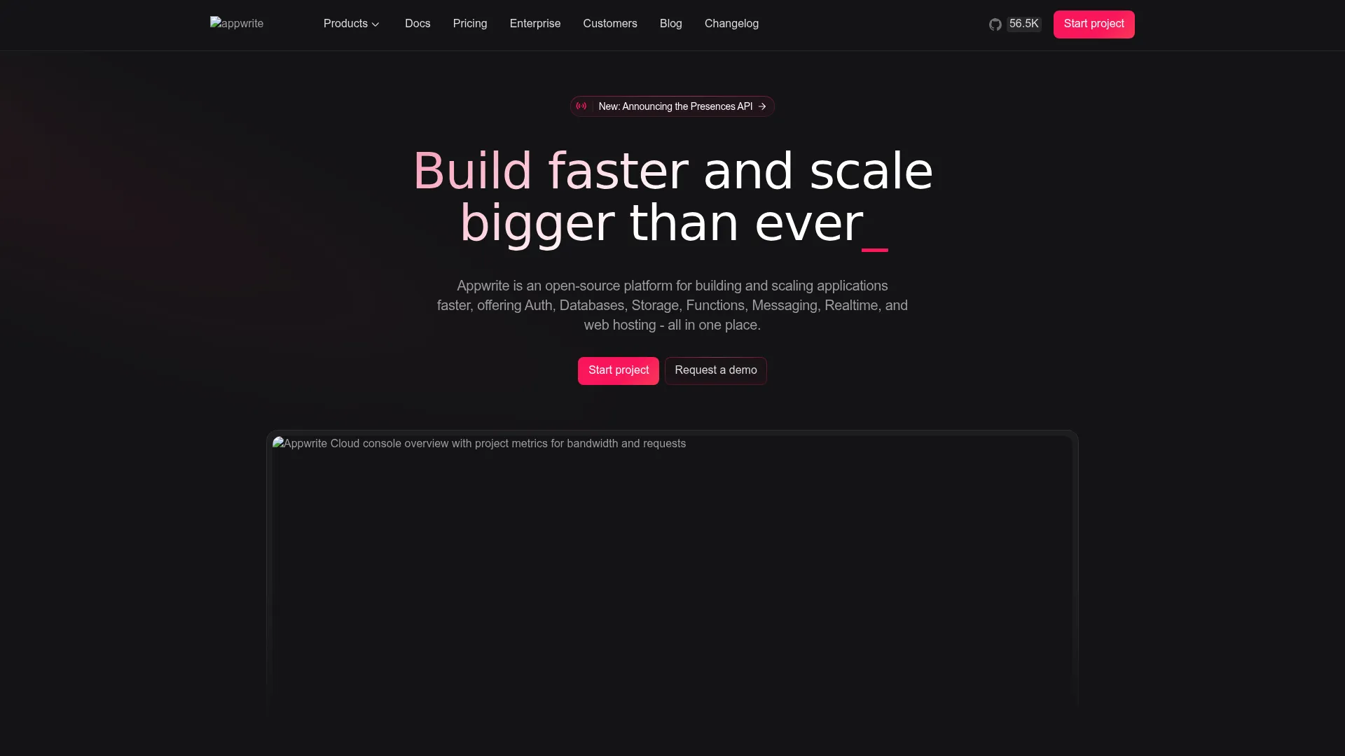 Appwrite homepage showing the open source backend platform