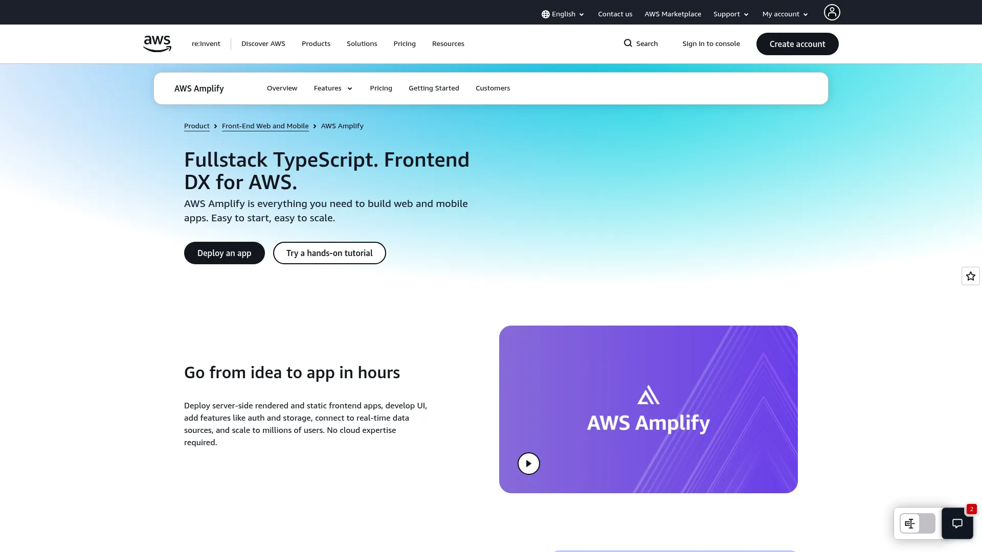 AWS Amplify homepage showing the full-stack platform for web and mobile apps