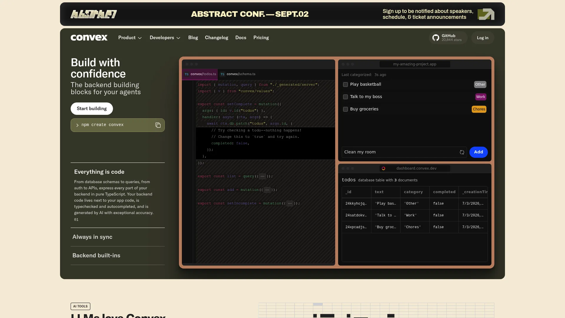 Convex homepage showing the reactive backend platform