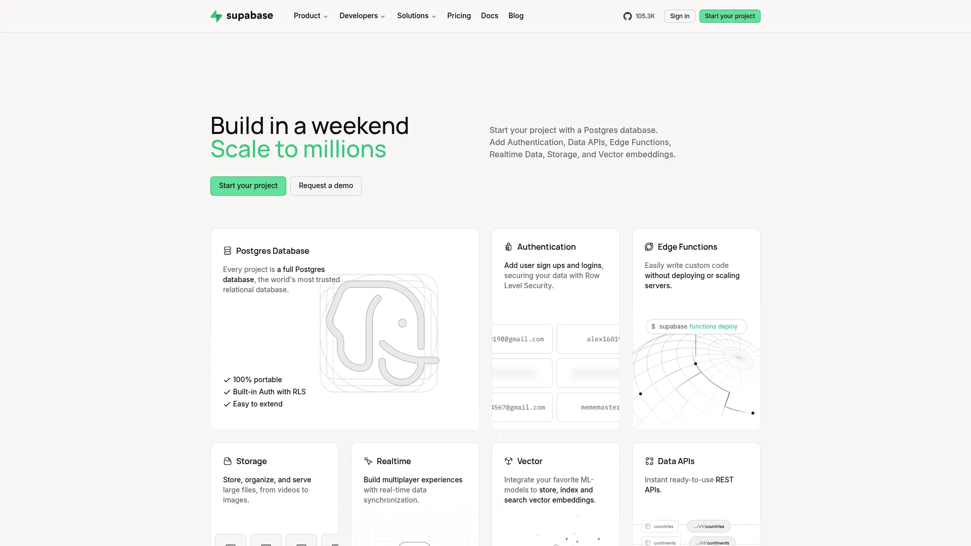 Supabase homepage showing the open source Postgres backend platform