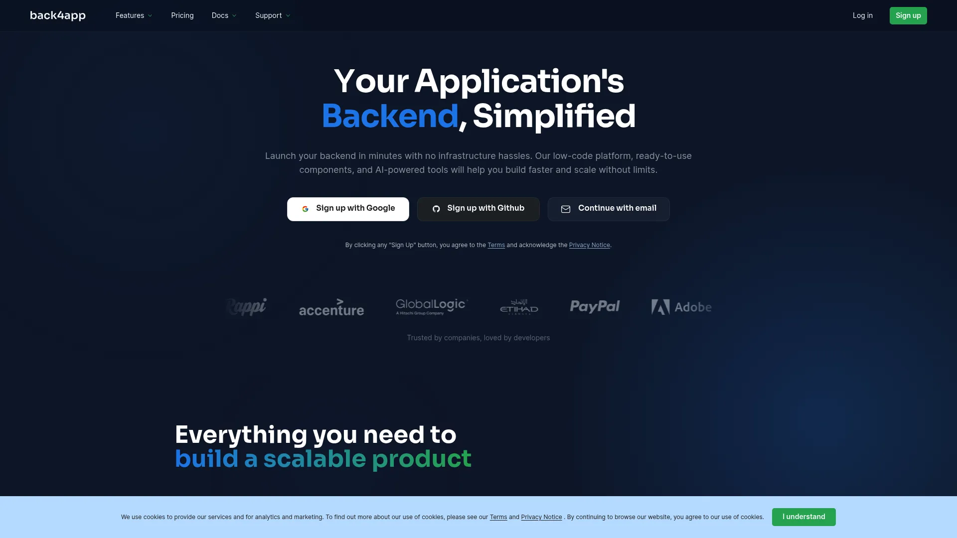 Back4app homepage showing the managed Parse backend platform