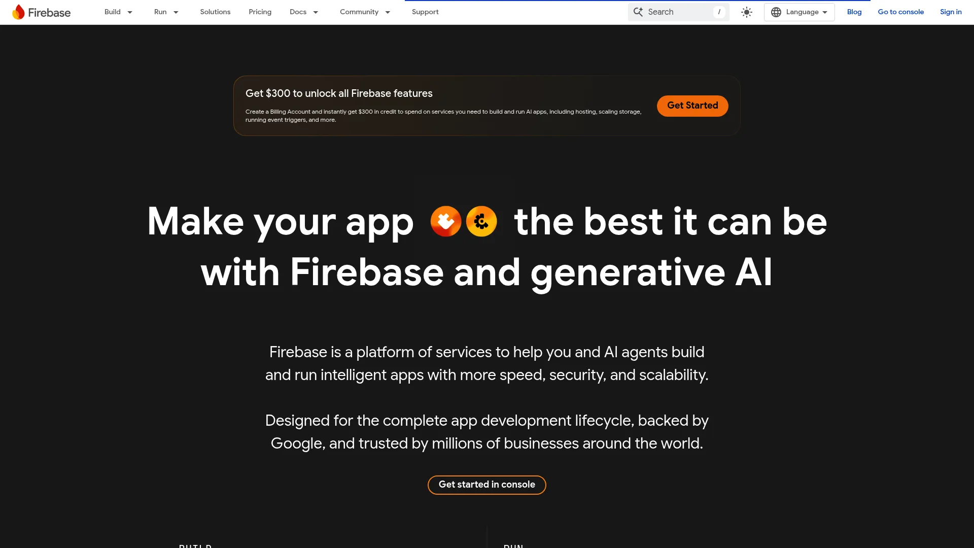Firebase homepage showing Google