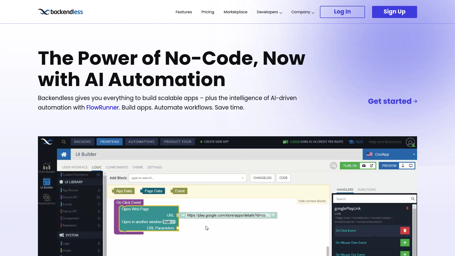 Backendless homepage showing the low-code backend and app development platform