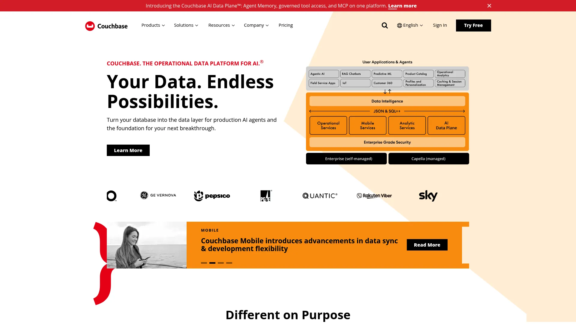 Couchbase document database and data platform homepage