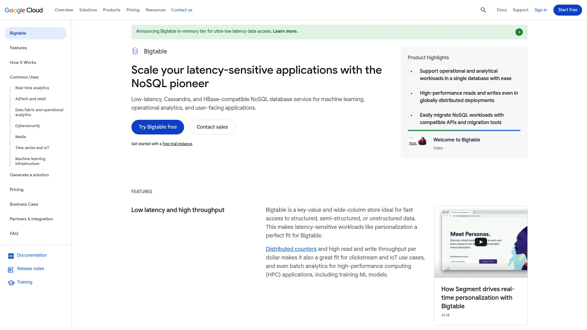 Google Cloud Bigtable wide-column database page