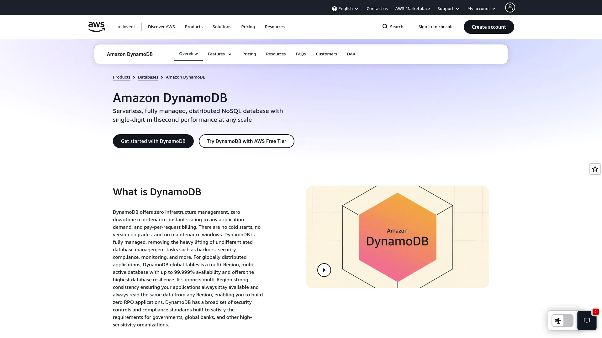 Amazon DynamoDB serverless NoSQL database page