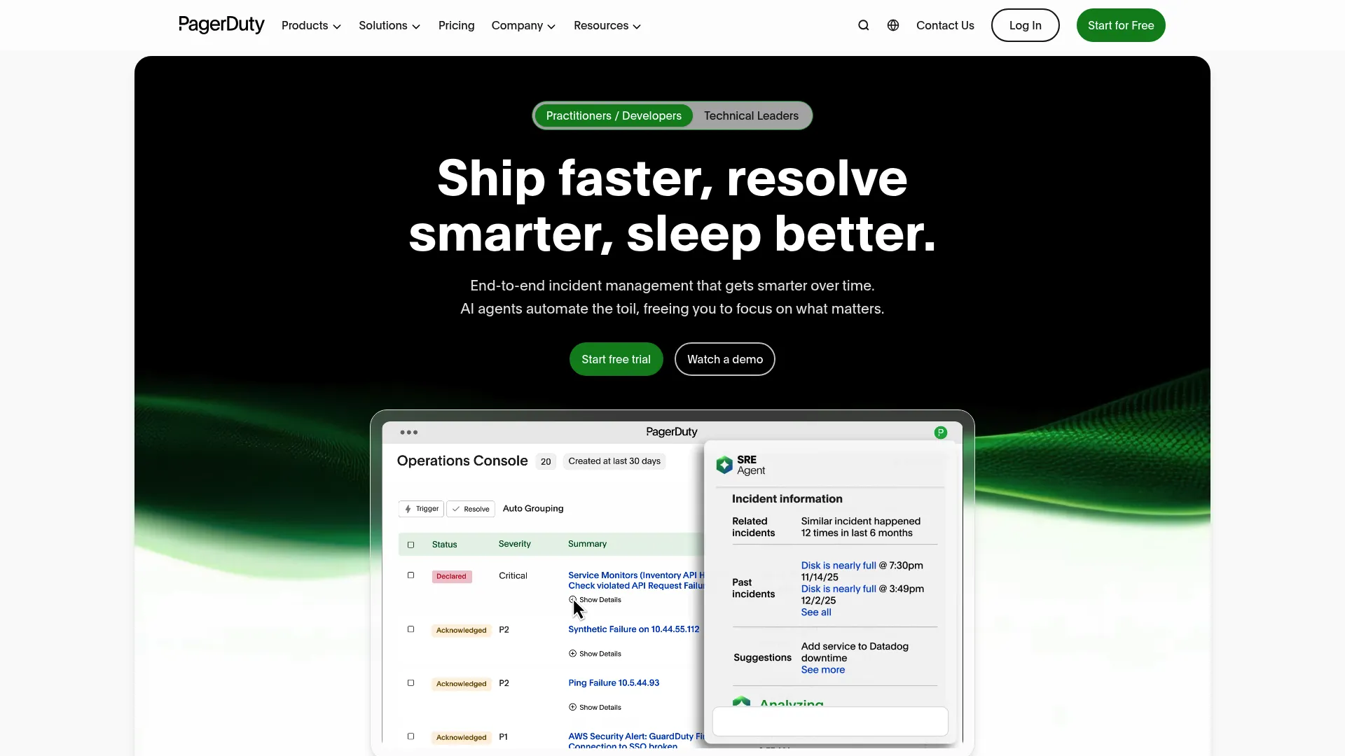 PagerDuty operations and incident management platform homepage