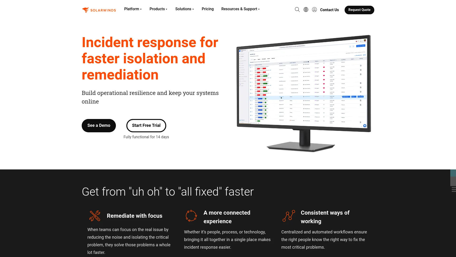 SolarWinds IT Incident Response platform homepage