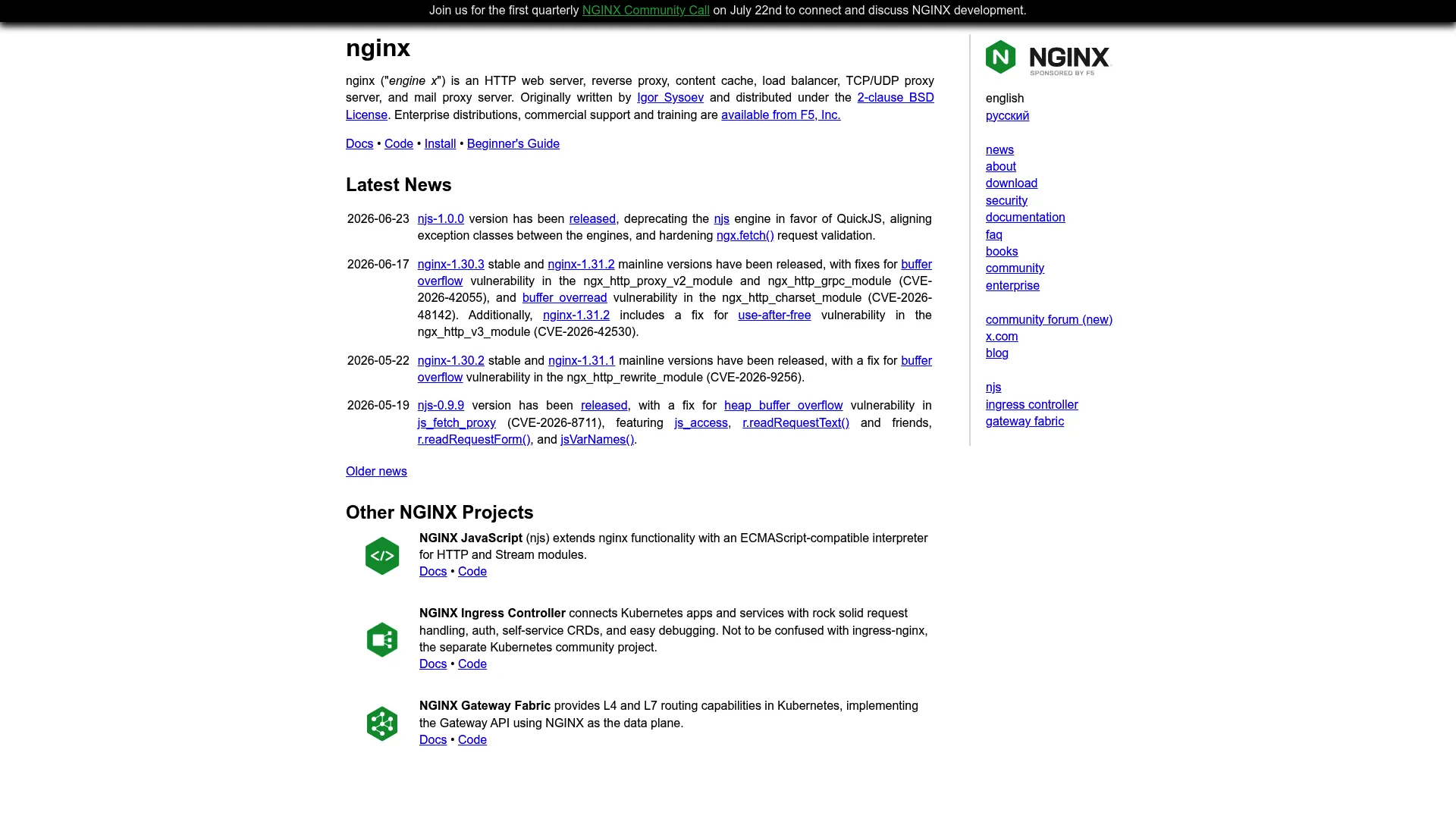 NGINX reverse proxy and web server homepage