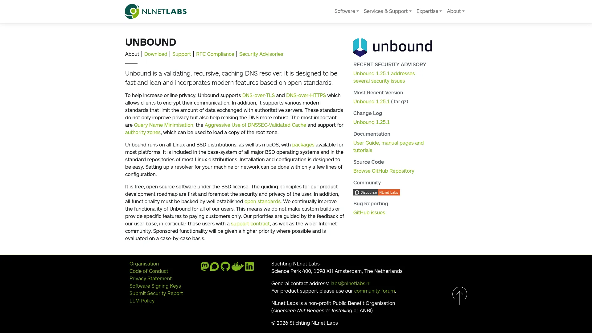Unbound recursive DNS resolver page