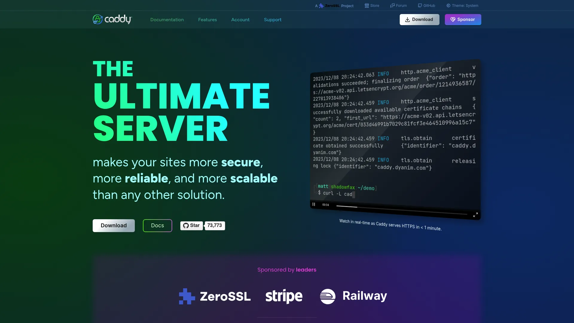 Caddy web server with automatic HTTPS homepage