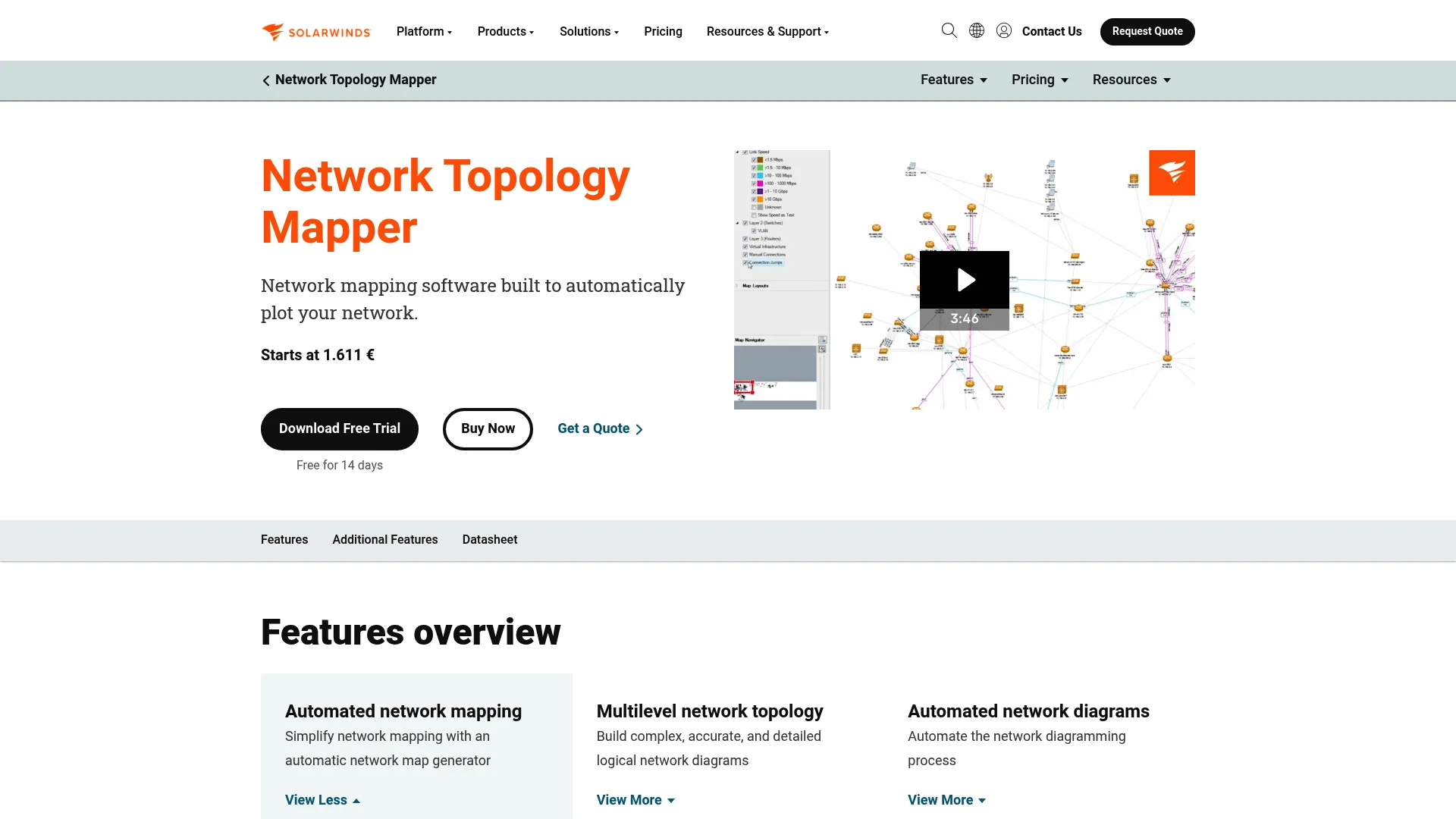 SolarWinds Network Topology Mapper interface showing an automated network diagram