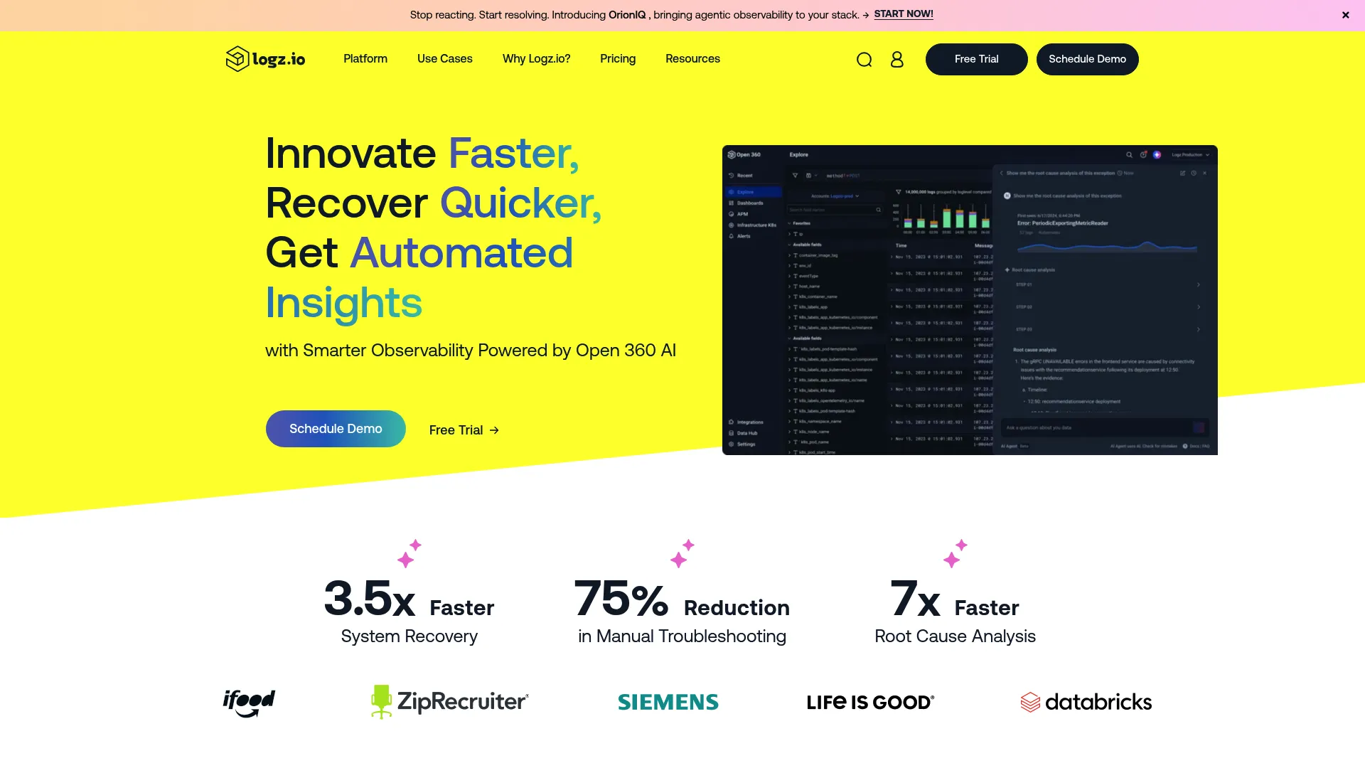 Logz.io cloud-native observability and log management dashboard