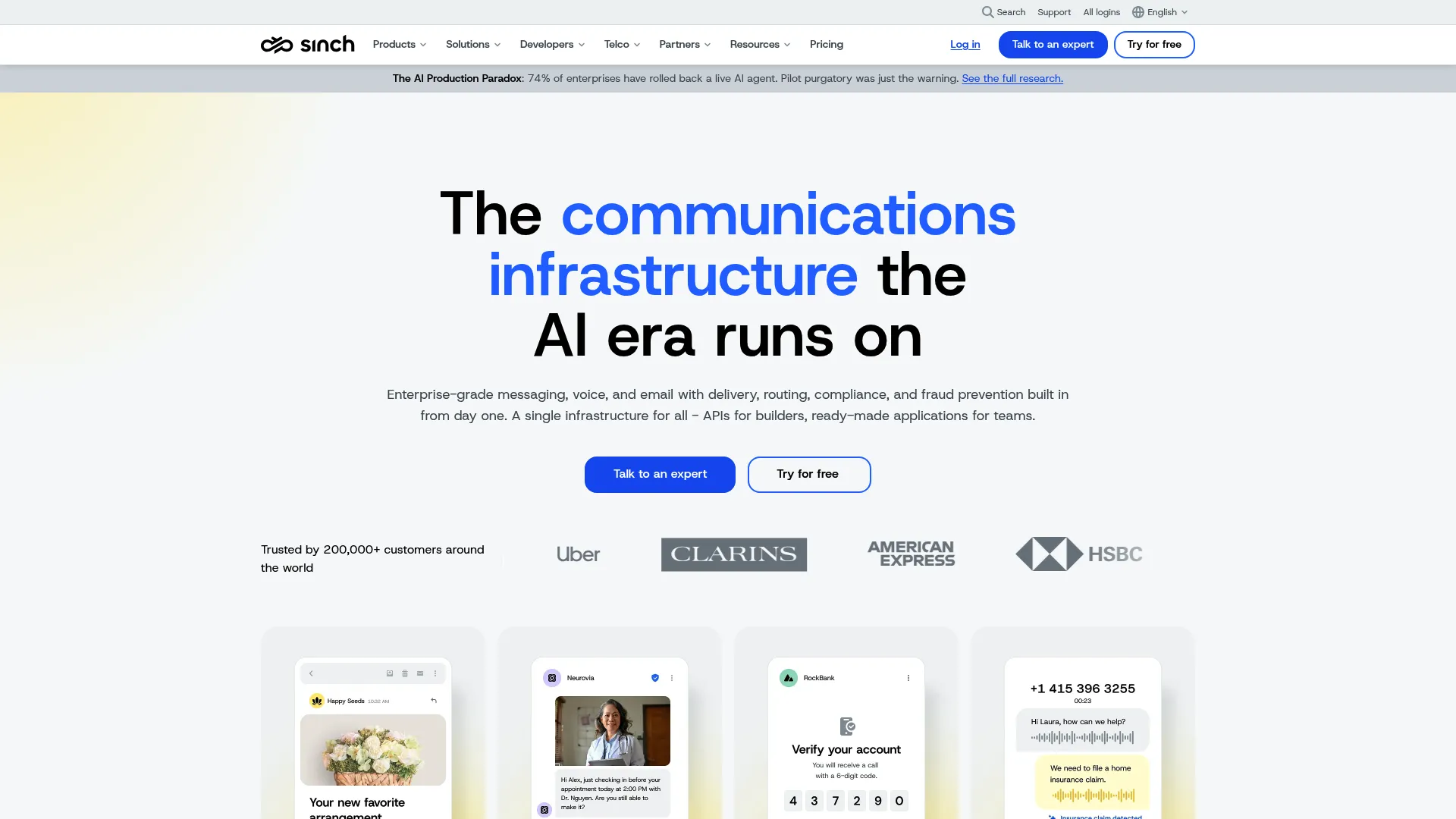 Sinch communications platform homepage
