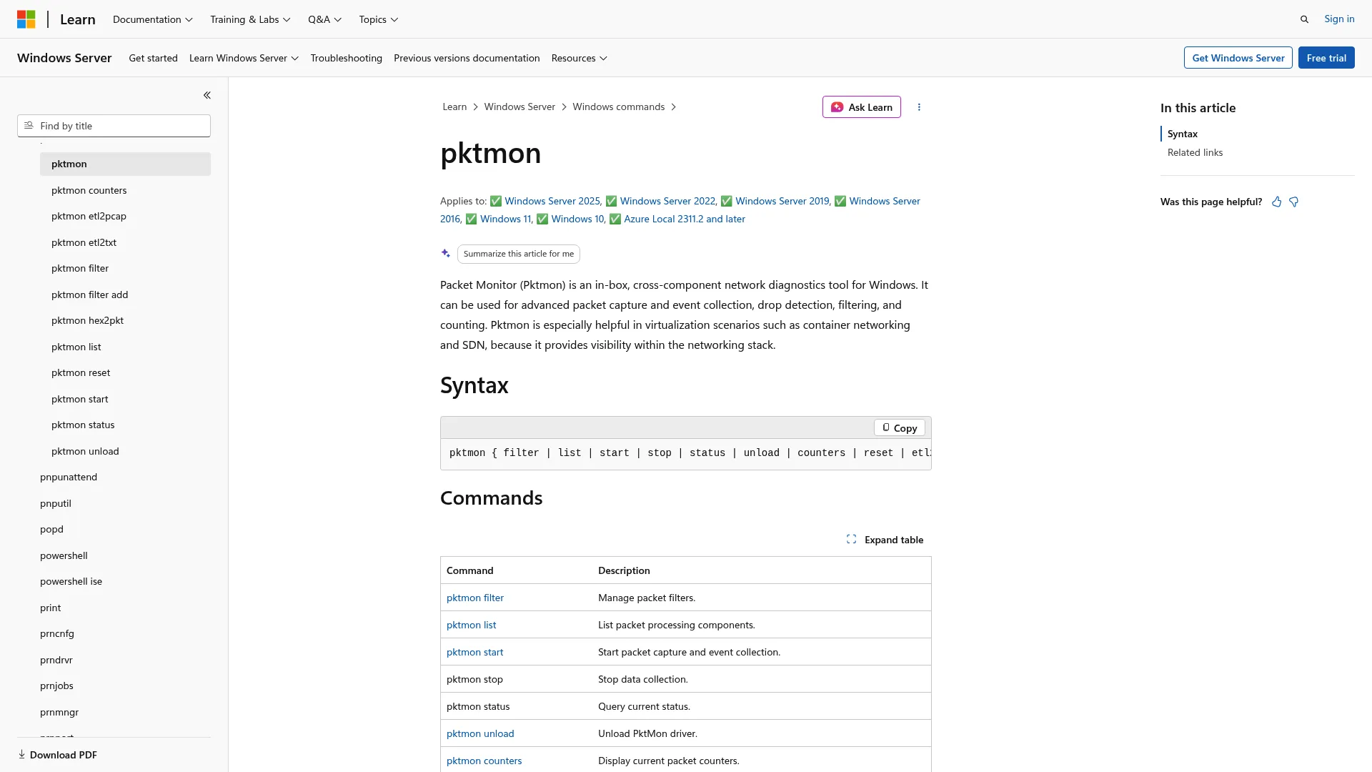 Pktmon Windows packet capture tool documentation