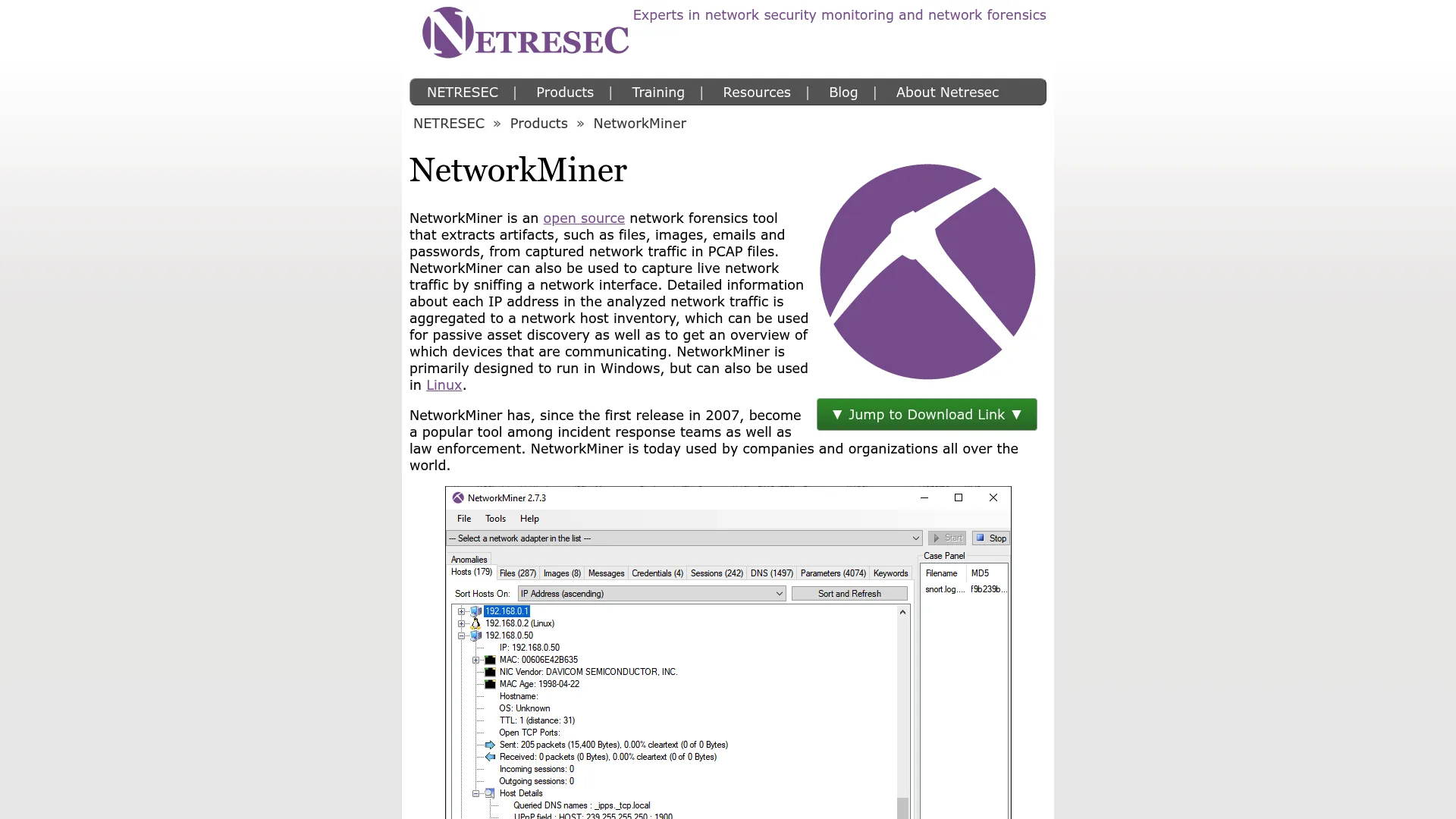 Network Miner network forensics tool interface