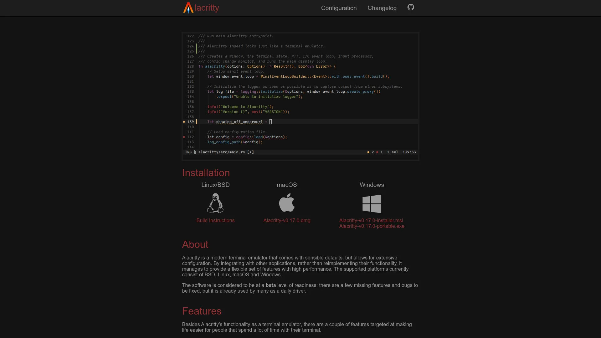 Alacritty terminal emulator homepage