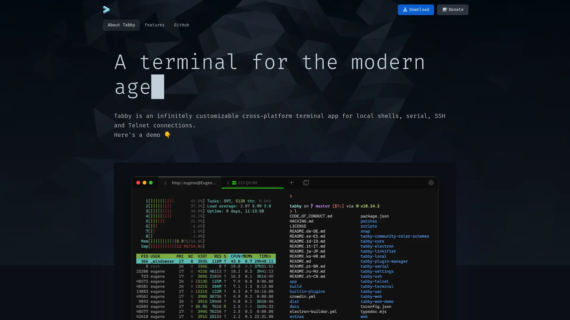 Tabby terminal app homepage
