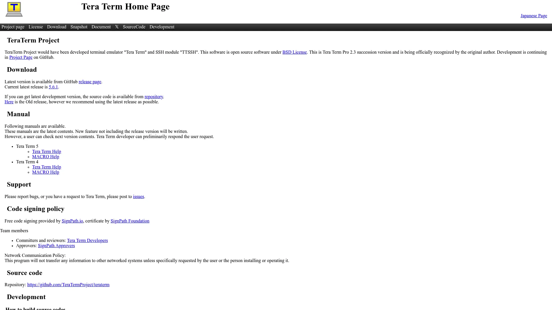 Tera Term terminal emulator homepage