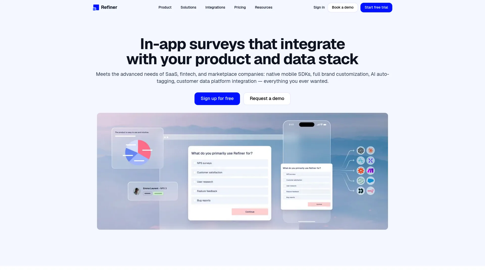 Refiner in-app survey software homepage