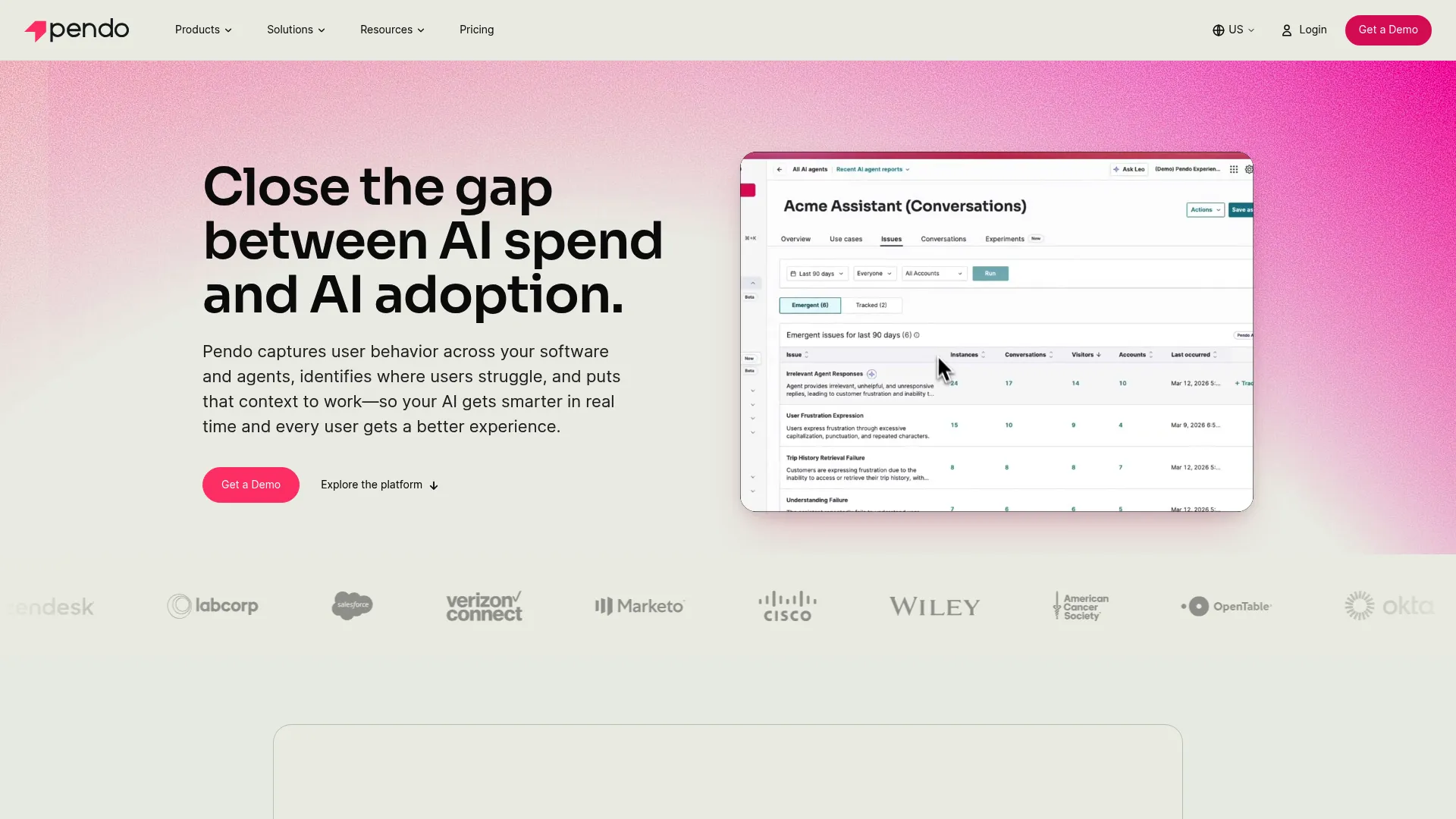 Pendo product experience platform homepage