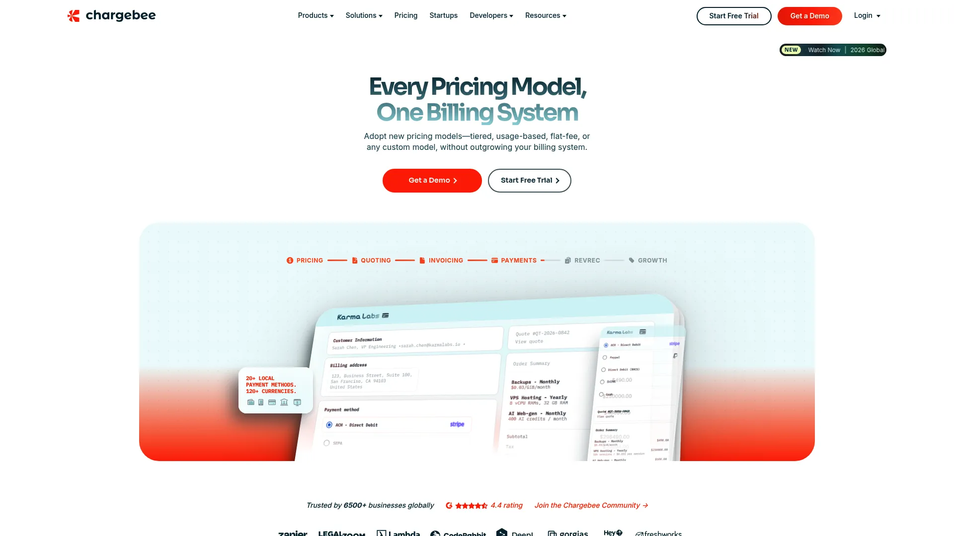 Chargebee subscription billing platform homepage