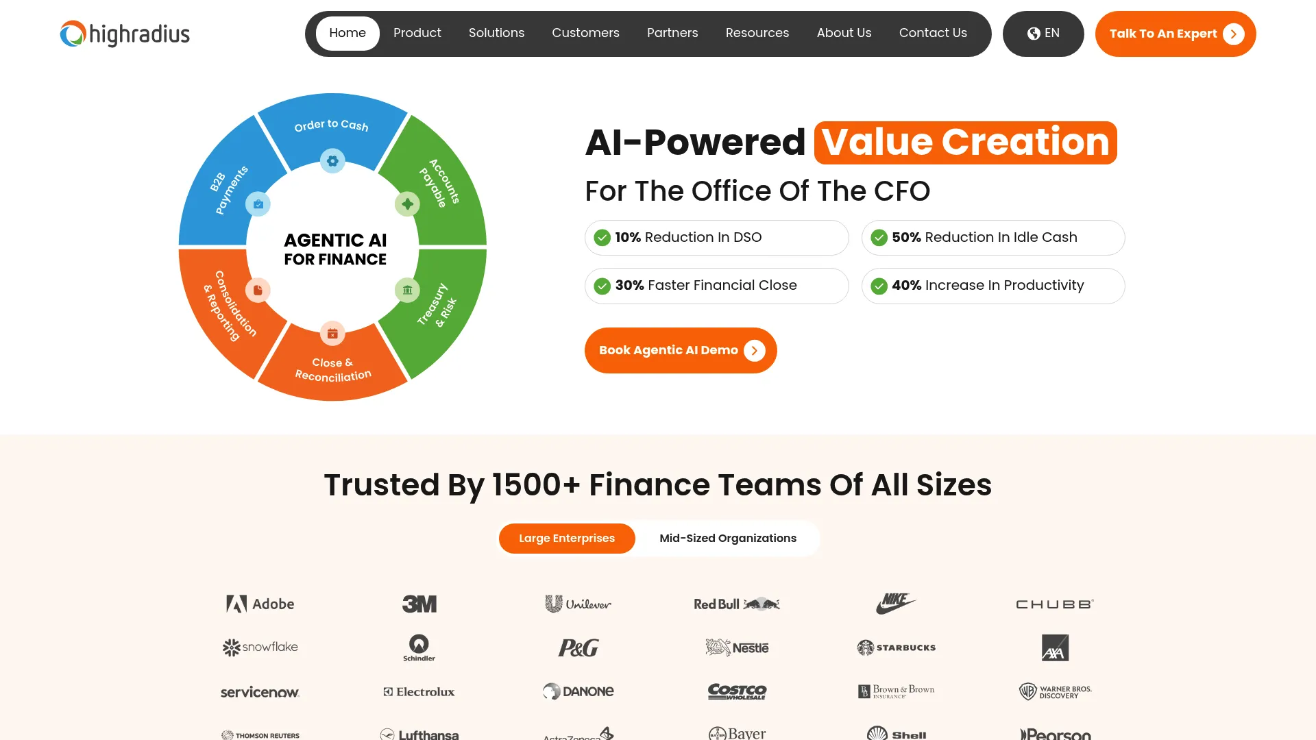 HighRadius accounts receivable and order-to-cash automation platform homepage