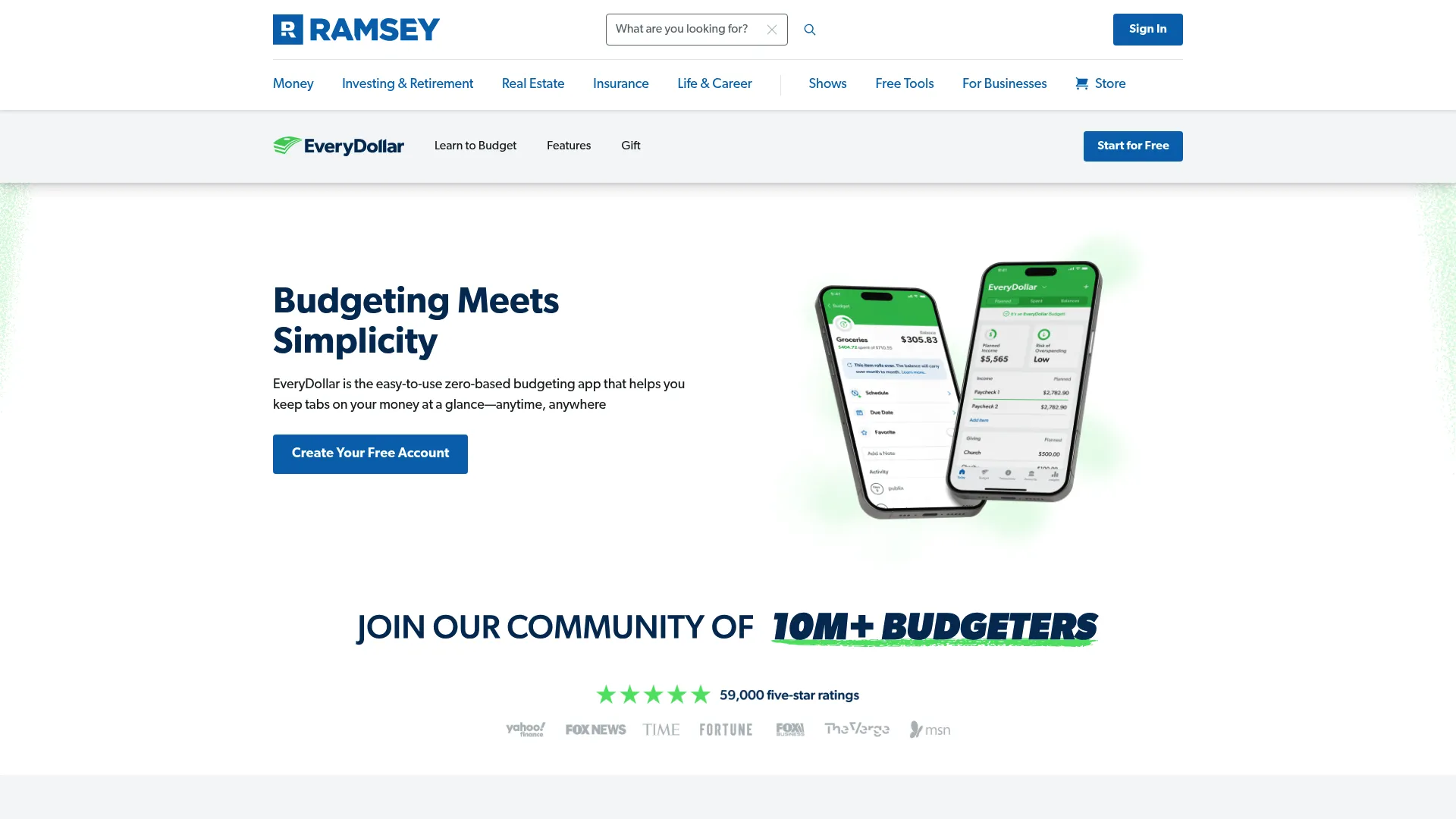 EveryDollar zero-based budgeting app with category planning and paycheck tracking