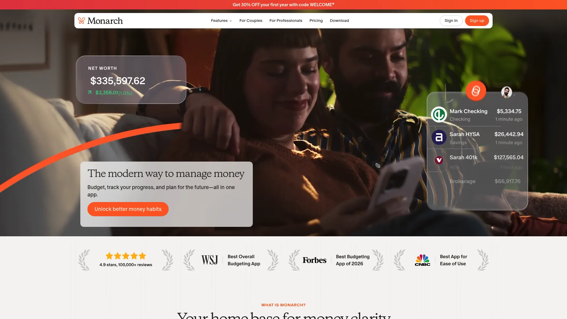 Monarch personal finance dashboard showing budgets, net worth, and household collaboration