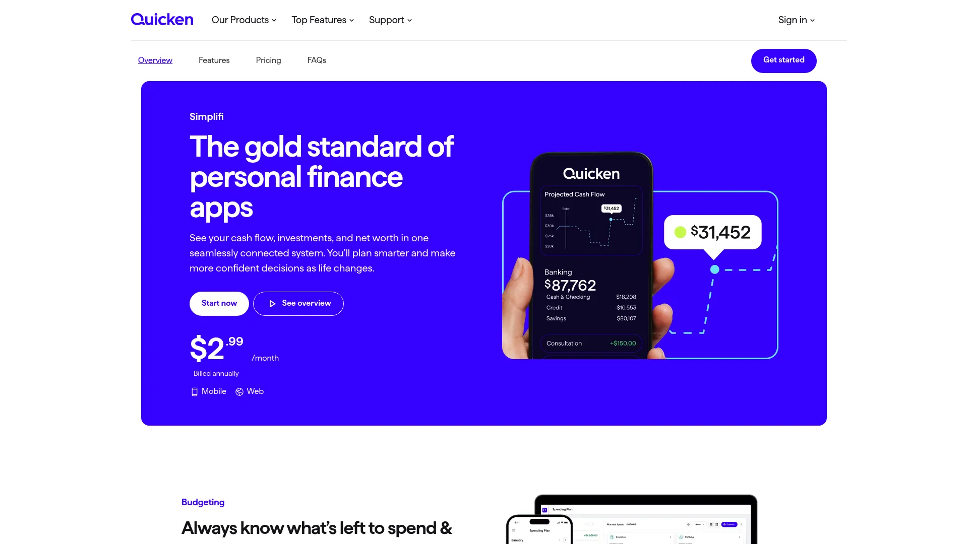 Quicken Simplifi spending plan and cash flow tracking interface