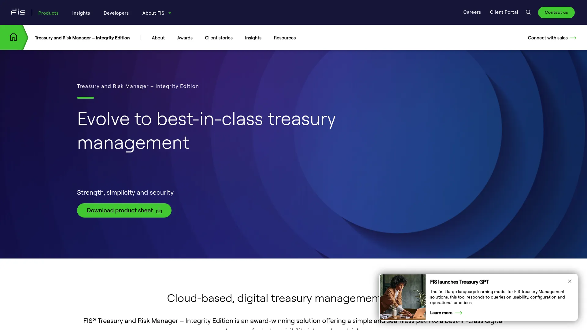 FIS Treasury and Risk Manager Integrity Edition product page