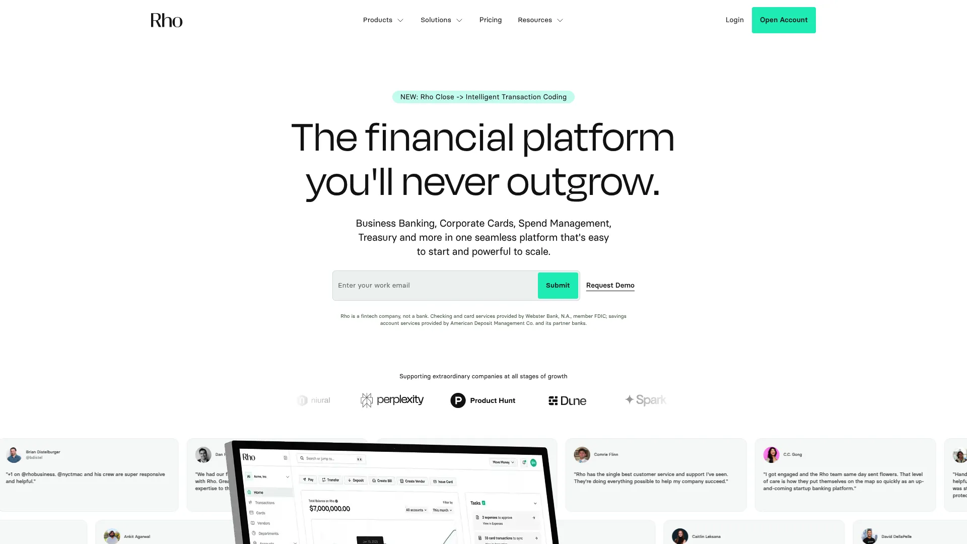 Rho business banking and finance platform homepage