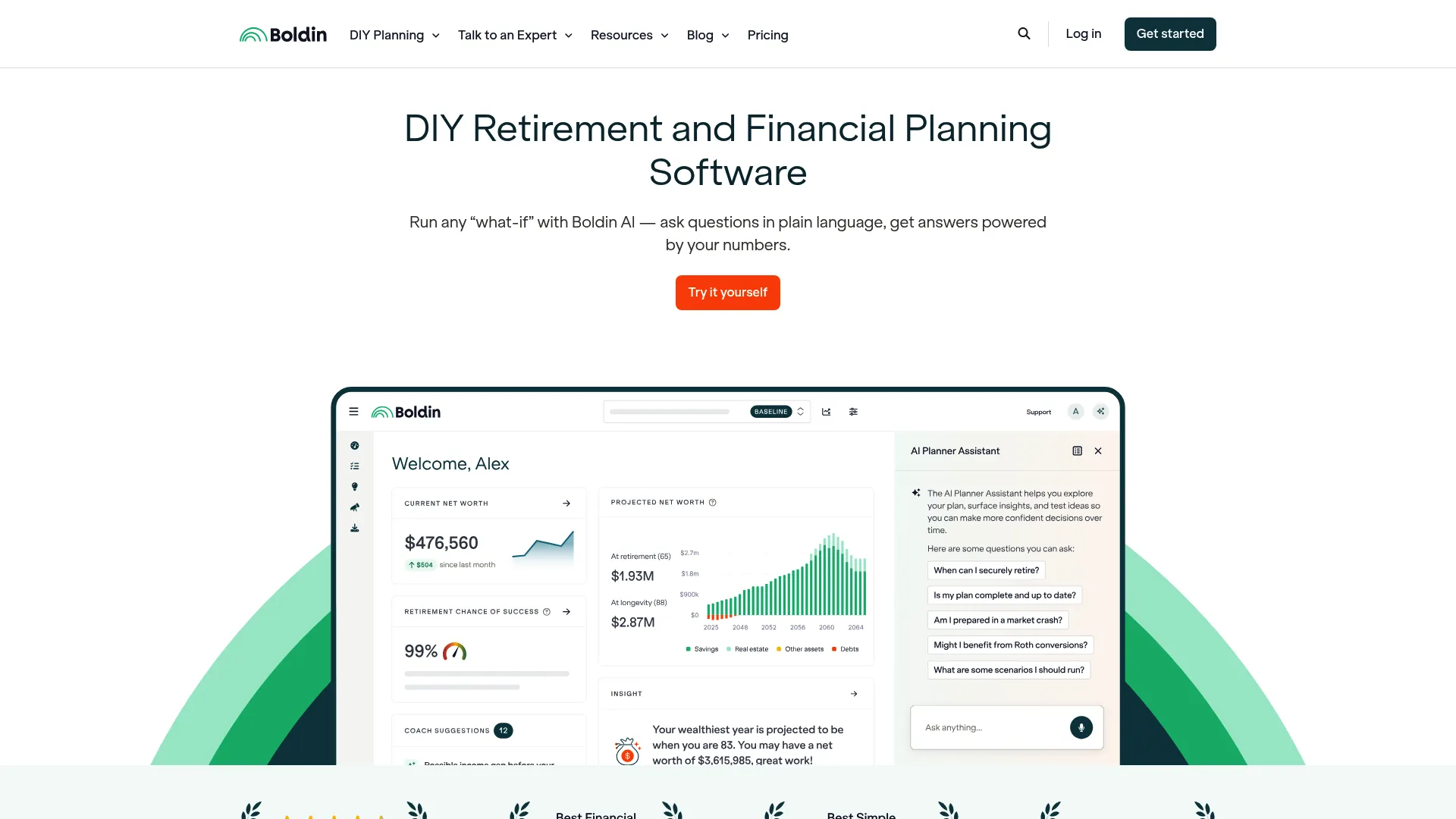 Boldin retirement planning software homepage showing planner and scenario tools