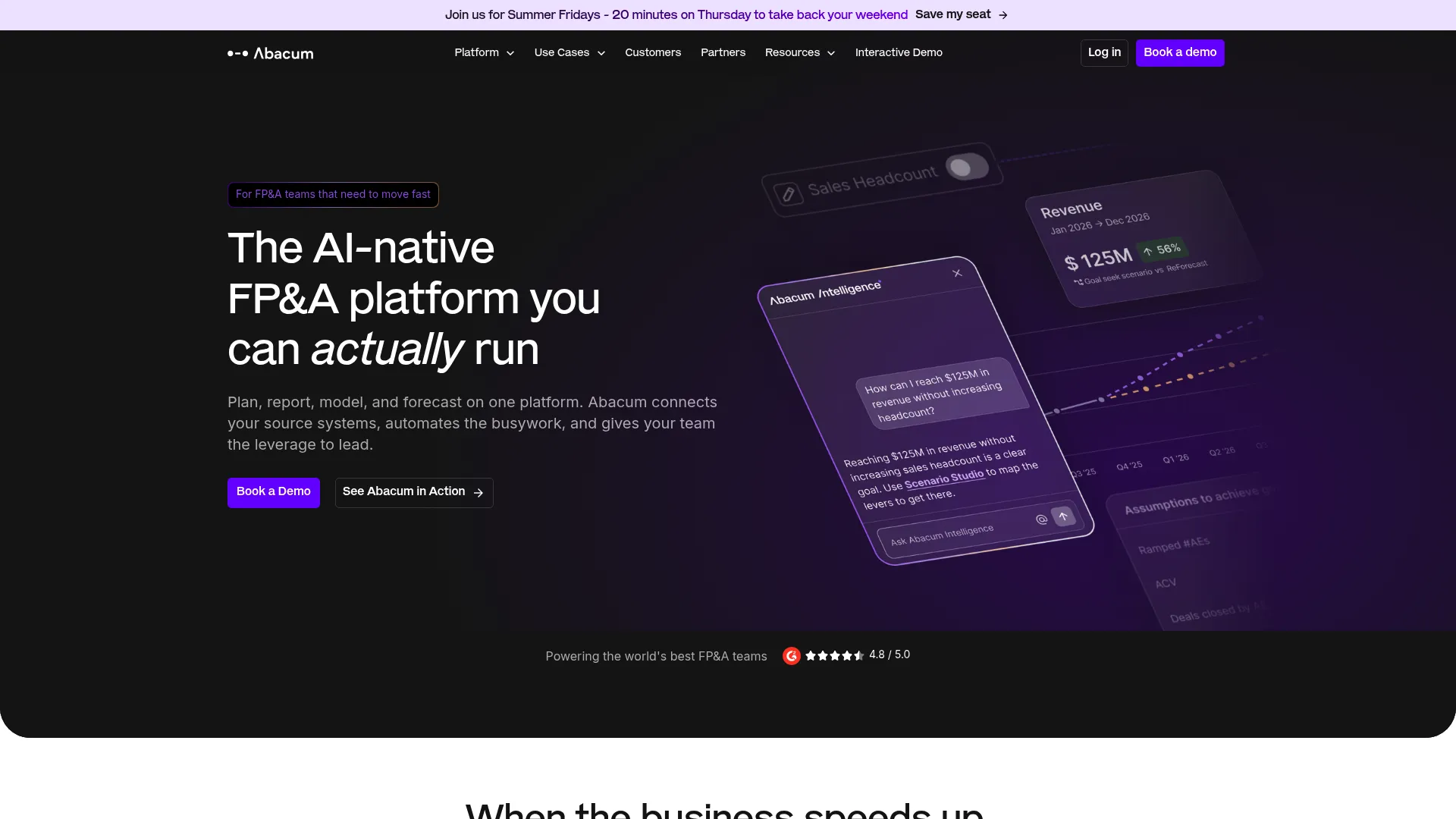 Abacum FP&A software homepage showing planning and reporting dashboards