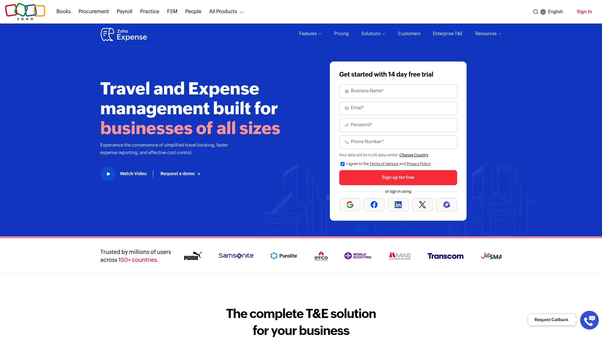 Zoho Expense expense management software homepage