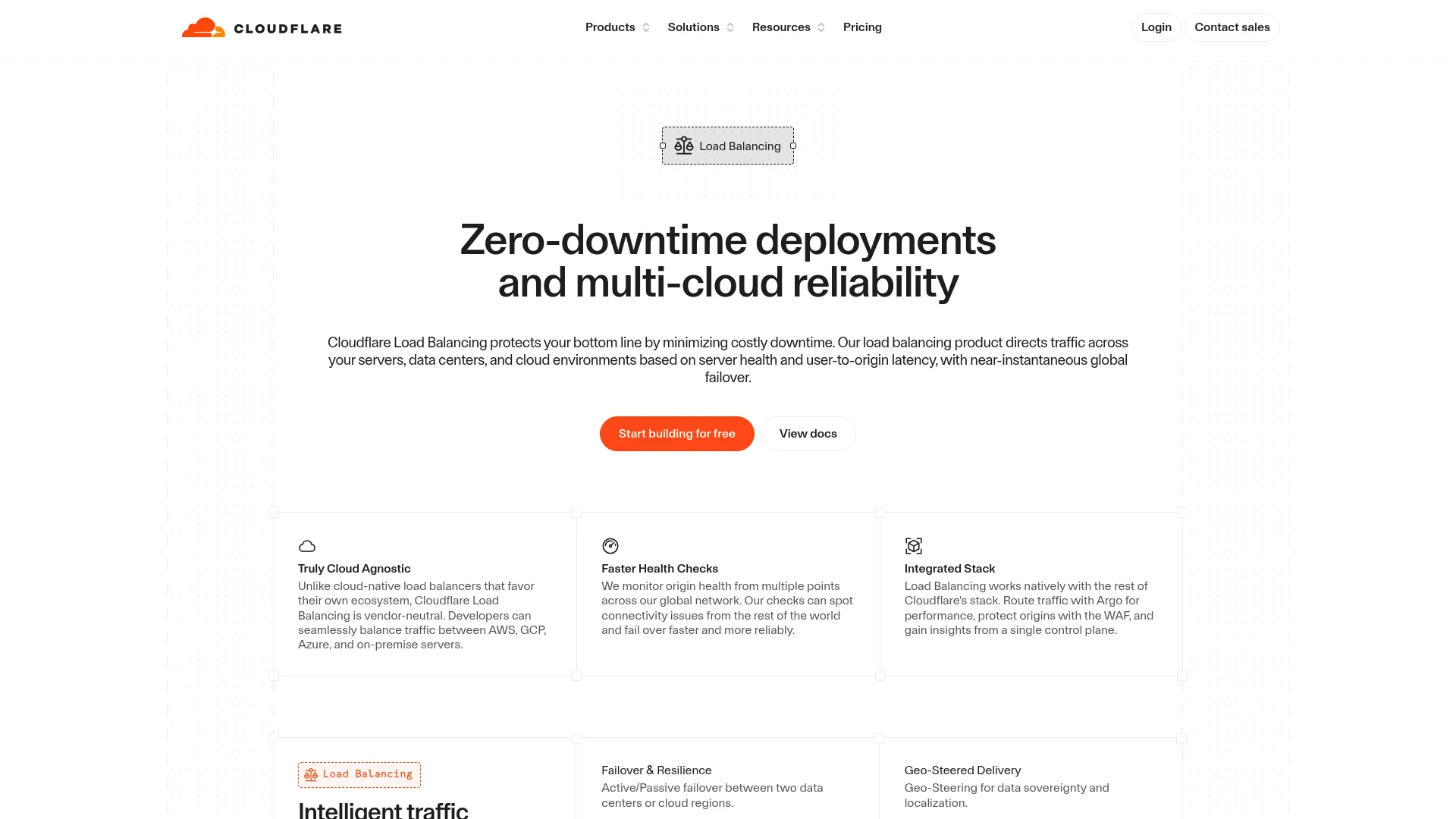 Cloudflare Load Balancing product page showing traffic steering features
