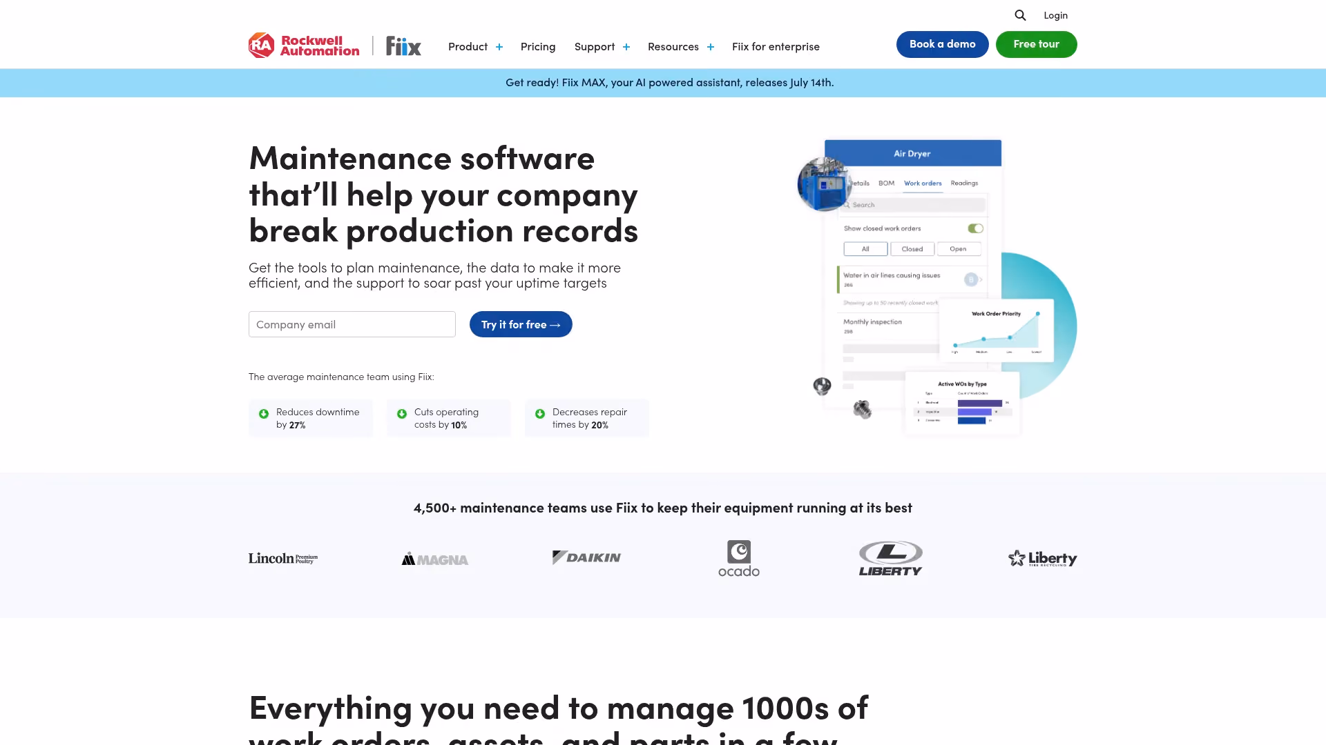 Fiix work order management software homepage
