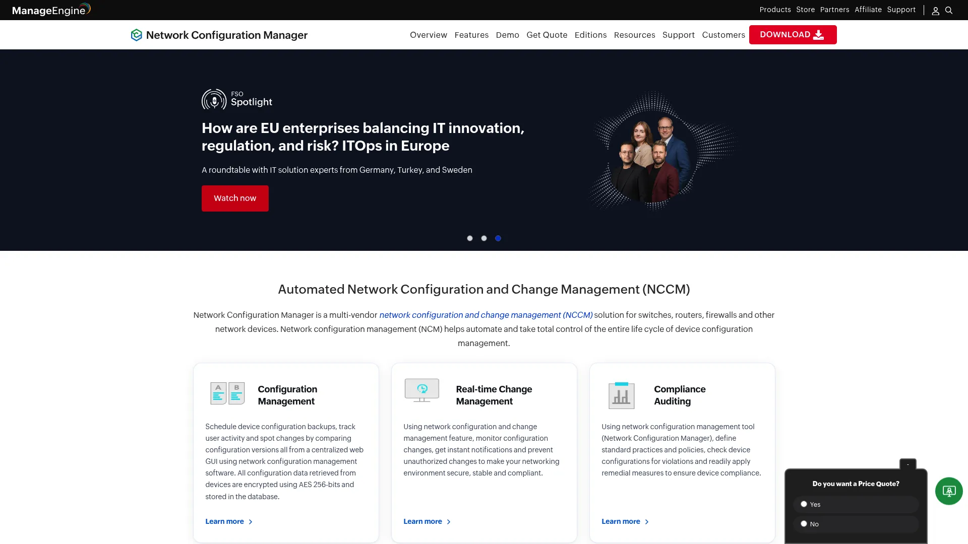 ManageEngine Network Configuration Manager homepage